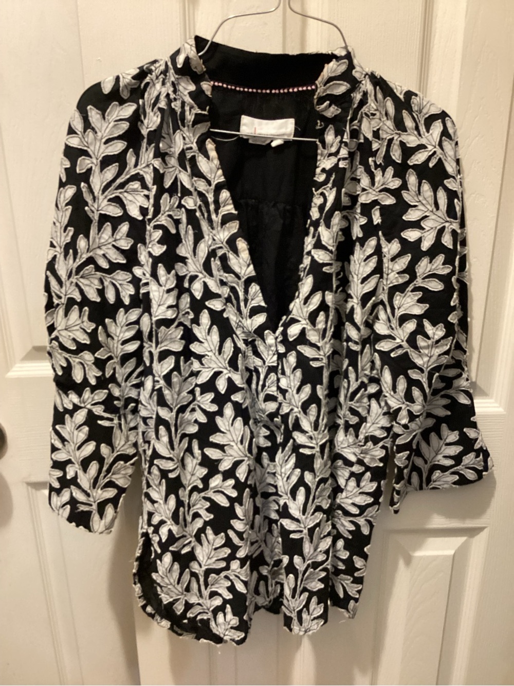 Anthropologie Black Top with White Leaf Embroidery